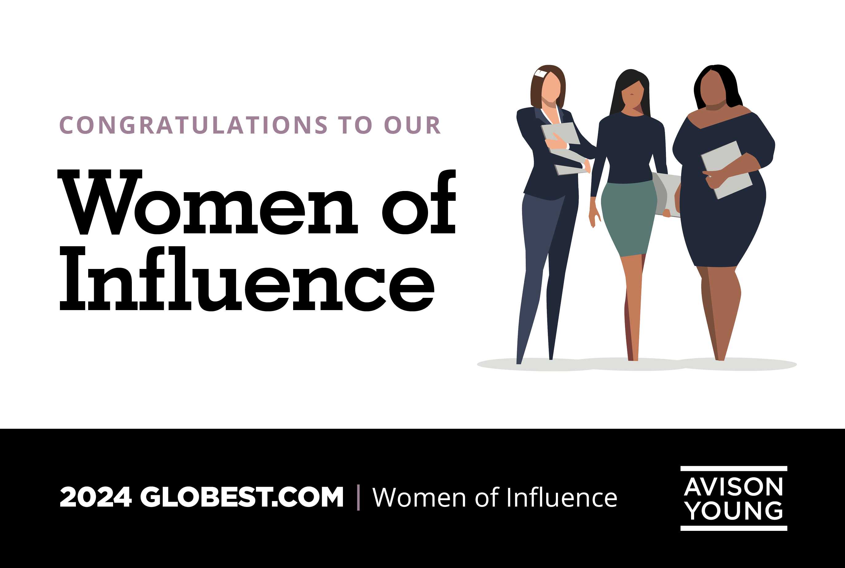 Graphic congratulating Avison Young's 2024 Women of Influence as recognized by GlobeSt.com